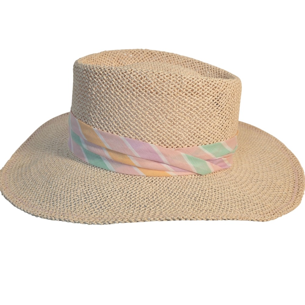 Woven Straw Sun Hat with Pastel Striped Ribbon Band Wide Brim Fedora Style - Picture 7 of 16
